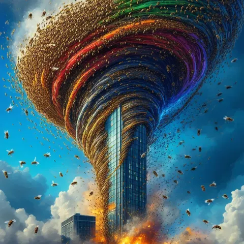 Tornado of Bees Colliding With a Skyscraper