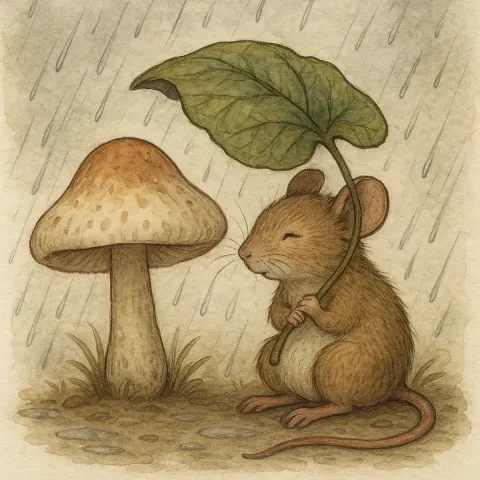 Depiction of a Mouse Using a Leaf as an Umbrella