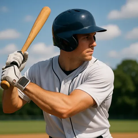 Baseball Player Wearing a Helmet and Gloves Prepares to Swing
