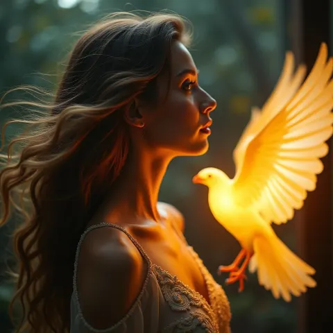Flowing Haired Woman and Glowing Bird in Cinemascope