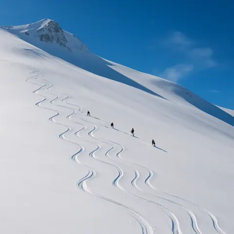 Small Group of Distant Skiers Carves Fresh Tracks