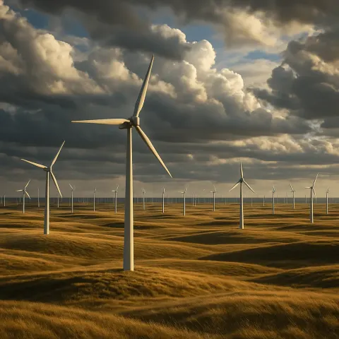 Countless Distant Wind Turbines Spin Slowly in Unison