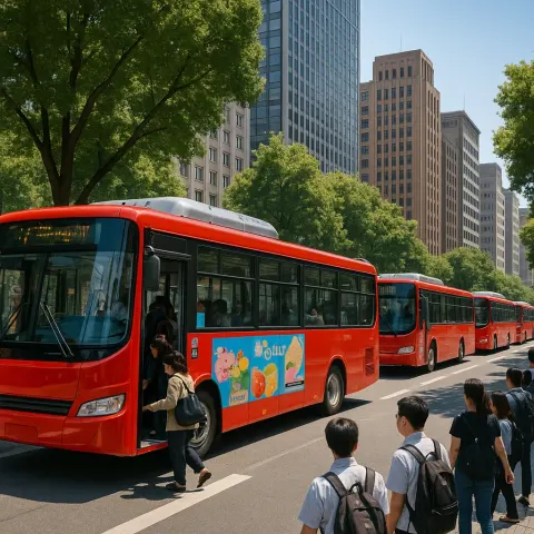 Lively Urban Street Features a Row of Vibrant Buses