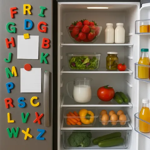 Refrigerator with Magnetic Letters and Papers on the Exterior