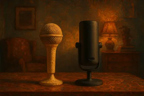 Two Disparate Microphones—one a Classic Ball-grille Model in Vintage Cream