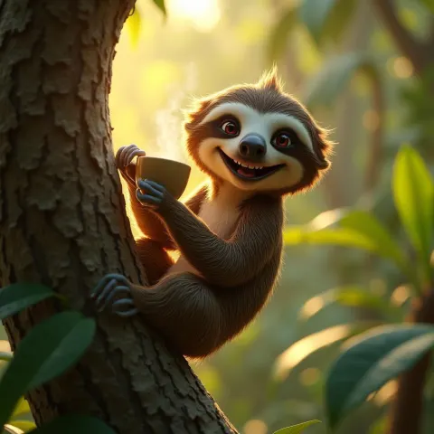 Happy Sloth Sipping Coffee in a Pixar Style Jungle