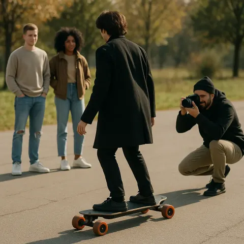 Person in a Black Coat Riding an Electric Skateboard Outdoors