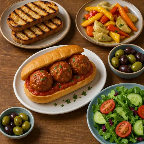 Table with Various Dishes Including a Meatball Sandwich