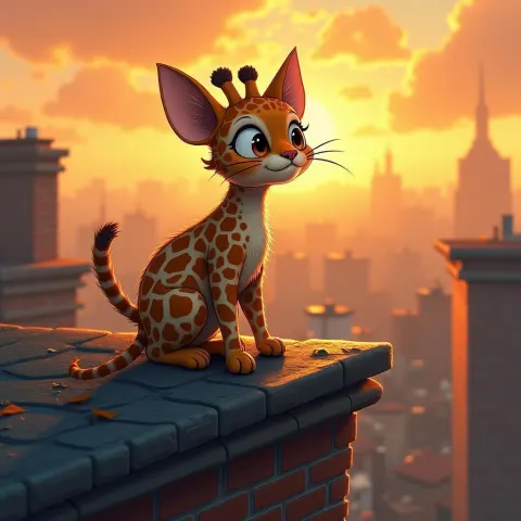 Giraffe Headed Cat Perched on a Storybook Rooftop