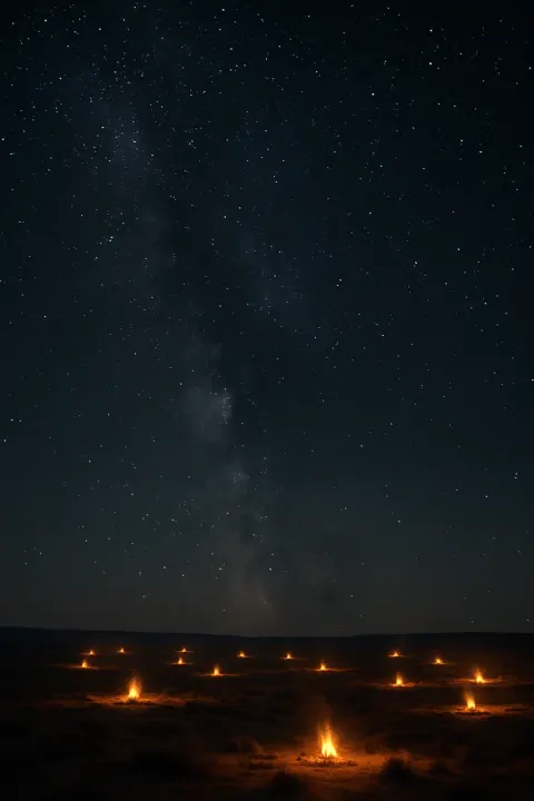 Many Distant Campfires Flicker Like Scattered Embers Across a Vast