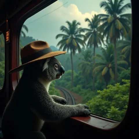 Koala in a Hat Riding a Monsoon Kerala Train