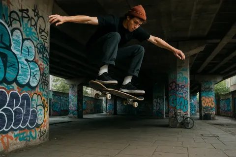 Skateboarder Performs a High Jump Trick under an Overpass Surrounded