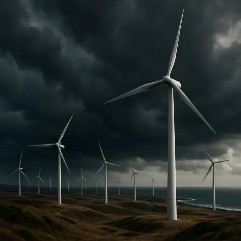 Numerous Colossal Wind Turbines Stand Starkly Against a Dramatic