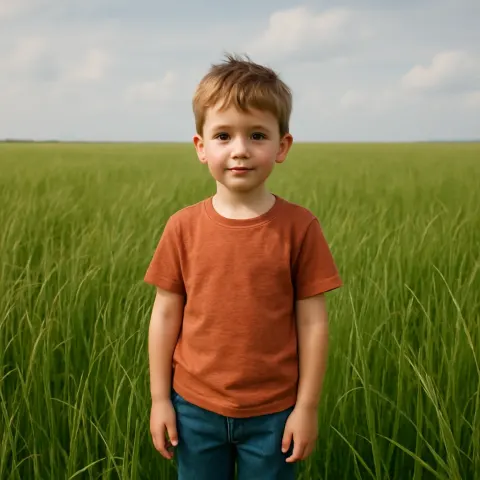 Young Boy Stands Amidst Towering Blades of Vibrant Green Grass