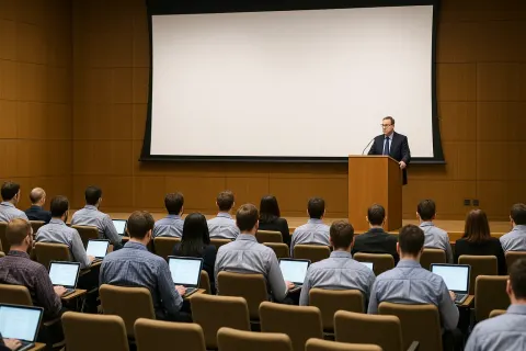 Conference Auditorium with a Speaker at a Podium