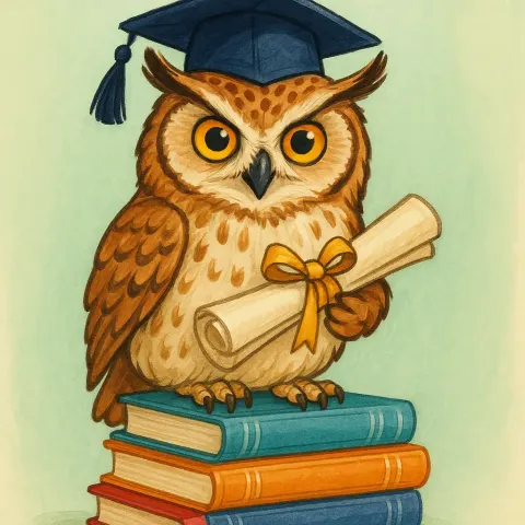 Whimsical Drawing of a Horned Owl with Tawny
