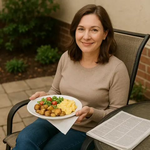 Woman Seated on a Patio Chair Holds a Plate