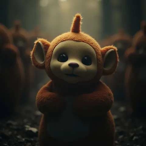 Somber Teletubby Funeral in Cinematic Bokeh