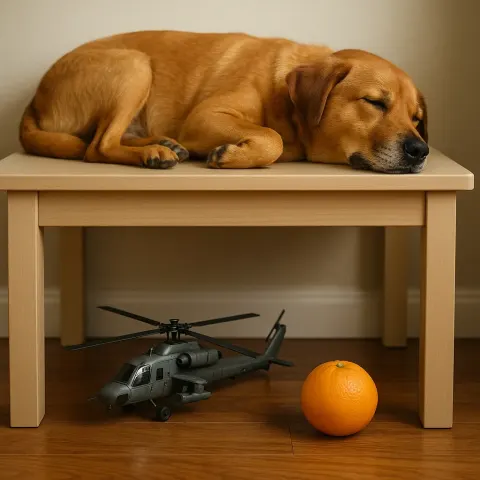 Orange and a Helicopter Positioned Beneath a Table