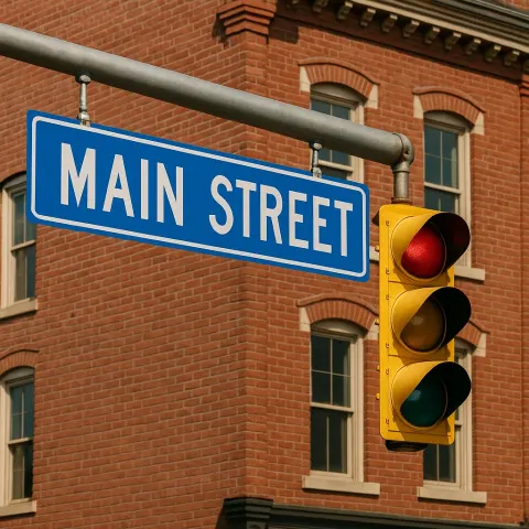 Blue Street Sign Reading "Main Street" Hangs Alongside Traffic Lights
