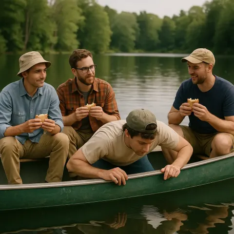 Man Leans over the Side of a Canoe to Peer