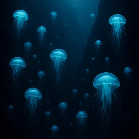 Myriad Glowing Jellyfish Drift