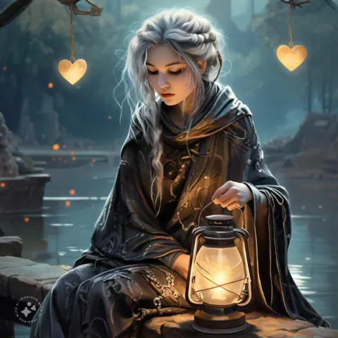 Melancholy Woman Reflects by Lantern