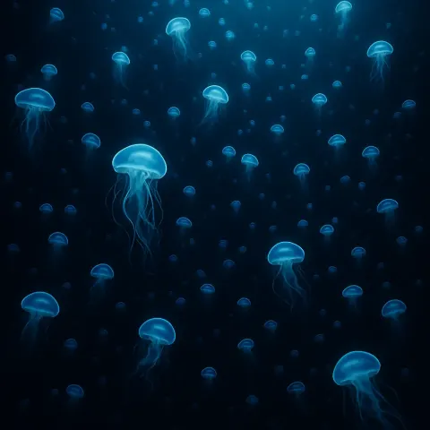 Countless Swarm of Bioluminescent Jellyfish Drifts