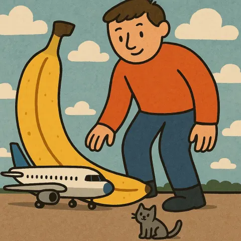 Massive Individual Standing High Above an Aircraft and a Feline