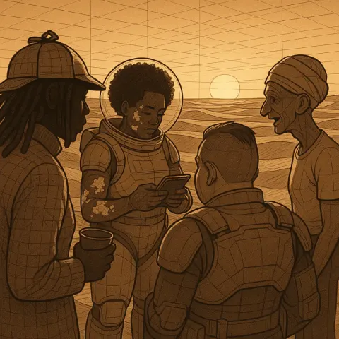 Four Figures Interact Amidst Vast