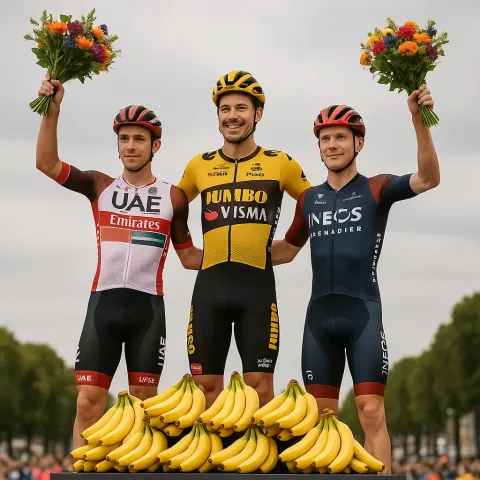 Cyclists in Racing Attire Holding Flowers