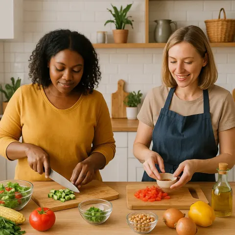 Two Women Are Preparing Food at a Kitchen Counter