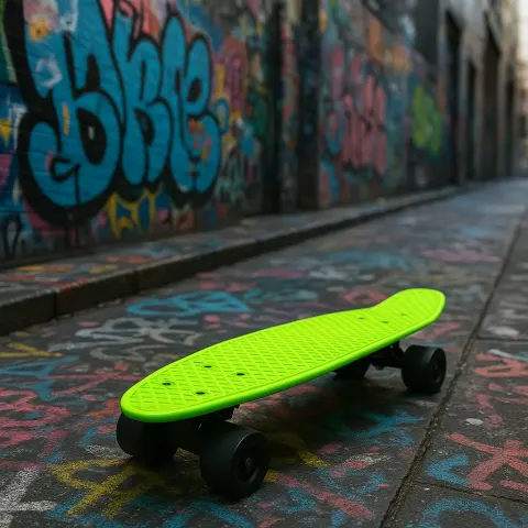 Black-wheeled Skateboard in Neon Green Resting on an Urban Sidewalk