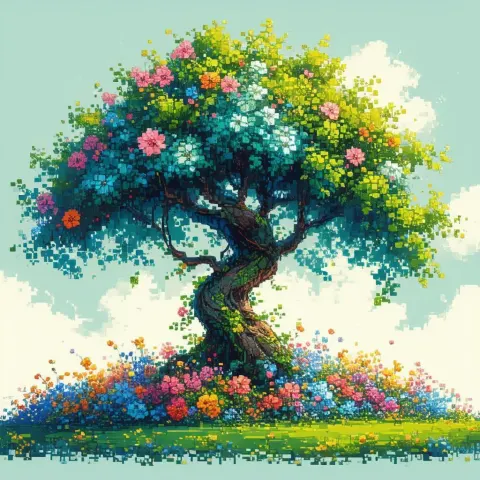 Pixelated Tree Blooming Among Vibrant 8 Bit Flowers
