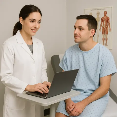 Doctor in a White Coat Stands Next