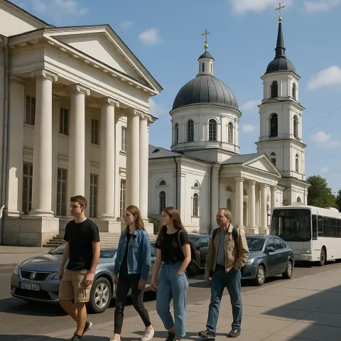 Group of People Walking near a White Neoclassical