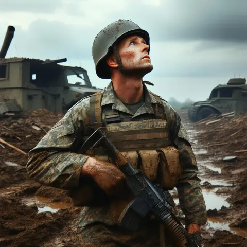 Weary Ukrainian Soldier Gazing at the Sky
