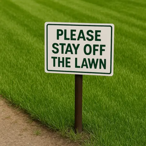 Sign Positioned Beside Recently Mowed Grass That Says