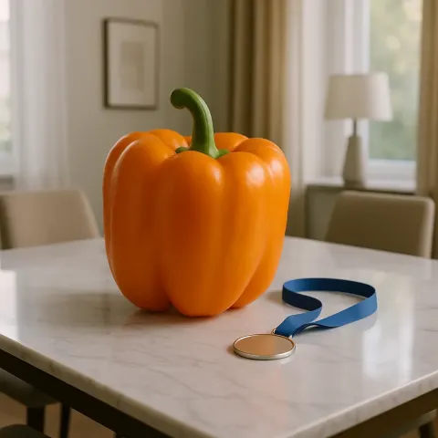 Dining Room Scene Highlights an Unusually Large Orange Bell Pepper