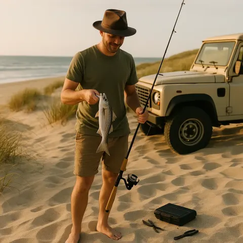 Person Wearing a Hat Stands Barefoot on Sandy Beach Dunes