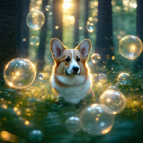 Glowing Corgi Head Amid Luminous Forest Orbs