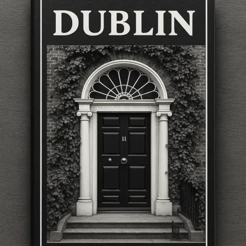Decorative Black and White Georgian-style Door Surrounded by Ivy