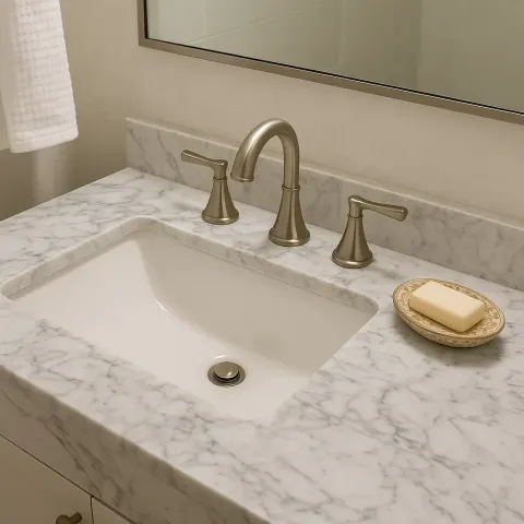 Restroom Featuring a Polished Marble Countertop