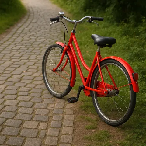 Vibrant Red Bike Positioned Beside a Path Made of Cobblestones