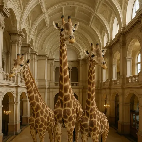 Three Giraffe Taxidermies Displayed in a Grand Museum Hall