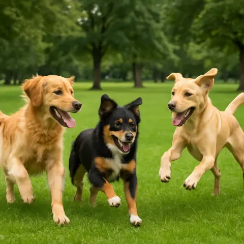 Image Featuring Three Dogs Having Fun Together in a Park