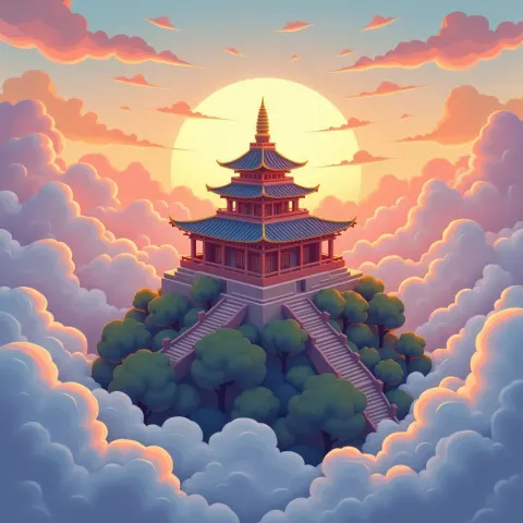 Isometric Cloud Temple in Whimsical Cutout Animation