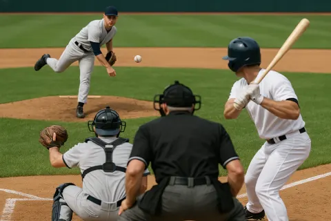 Baseball Game with a Pitcher Throwing the Ball
