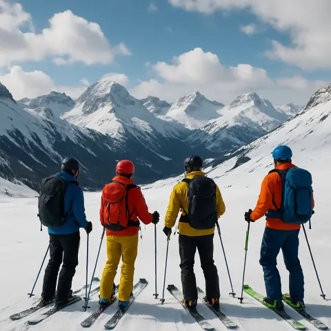 Group of Skiers Wearing Backpacks Stands on a Snowy Landscape