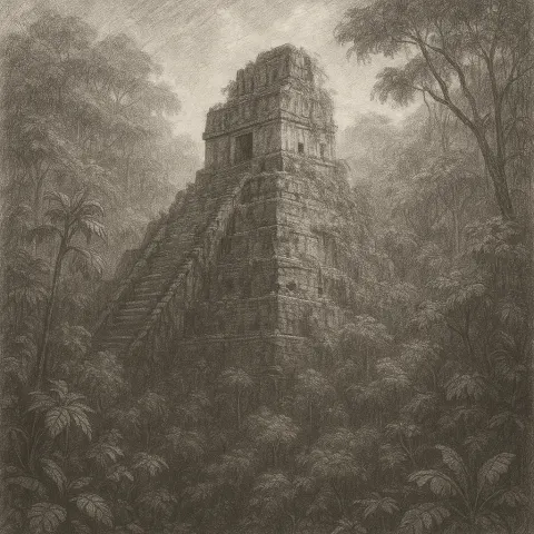 Detailed Graphite Illustration of a Ruined Mesoamerican Pyramid